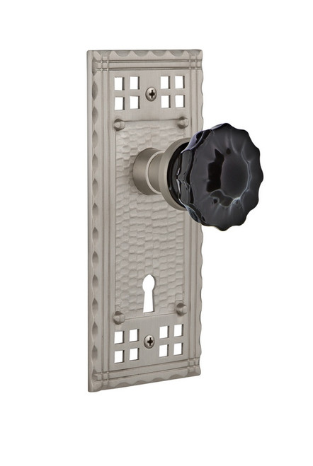 Nostalgic Warehouse - Craftsman Plate with Keyhole Double Dummy Crystal Black Glass Door Knob in Satin Nickel - CRACRB - 727120