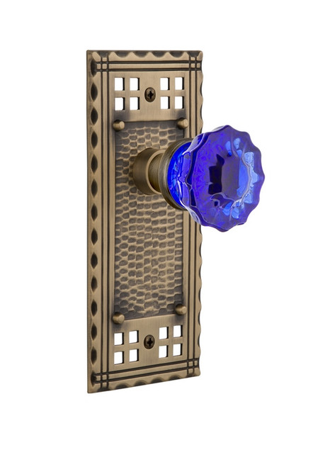Nostalgic Warehouse - Craftsman Plate Double Dummy Crystal Cobalt Glass Door Knob in Antique Brass - CRACRC - 723200