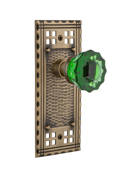 Nostalgic Warehouse - Craftsman Plate Single Dummy Crystal Emerald Glass Door Knob in Antique Brass - CRACRE - 722221