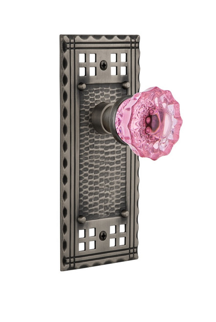 Nostalgic Warehouse - Craftsman Plate Double Dummy Crystal Pink Glass Door Knob in Antique Pewter - CRACRP - 723202