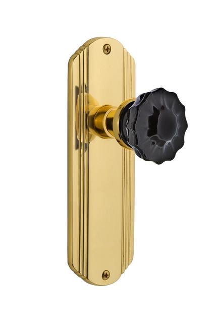 Nostalgic Warehouse - Deco Plate Single Dummy Crystal Black Glass Door Knob in Unlacquered Brass - DECCRB - 726919