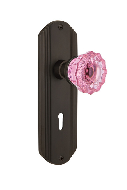 Nostalgic Warehouse - Deco Plate with Keyhole Double Dummy Crystal Pink Glass Door Knob in Oil-Rubbed Bronze - DECCRP - 723733