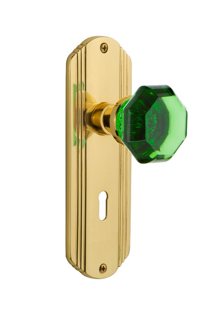 Nostalgic Warehouse - Deco Plate with Keyhole Double Dummy Waldorf Emerald Door Knob in Unlacquered Brass - DECWAE - 723778