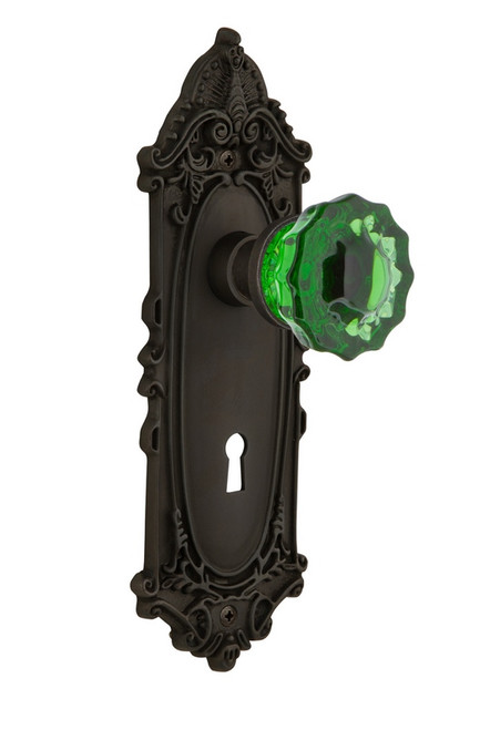 Nostalgic Warehouse - Victorian Plate with Keyhole Double Dummy Crystal Emerald Glass Door Knob in Oil-Rubbed Bronze - VICCRE - 724033