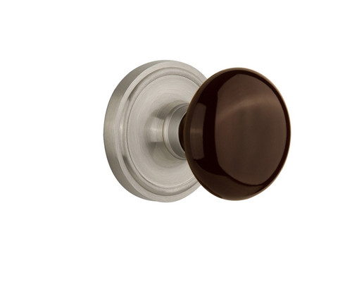 Nostalgic Warehouse - Classic Rosette Passage Brown Porcelain Door Knob in Satin Nickel - CLABRN - 708371 - 2 3/4" Backset