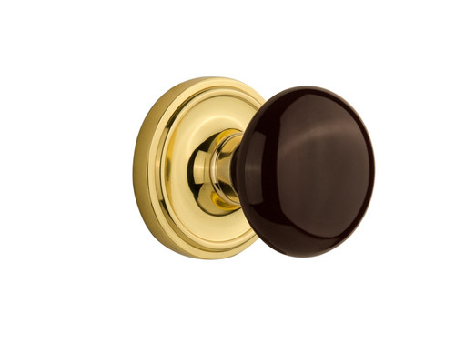 Nostalgic Warehouse - Classic Rosette Privacy Brown Porcelain Door Knob in Polished Brass - CLABRN - 713234 - 2 3/4" Backset