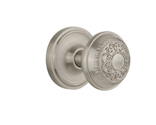 Nostalgic Warehouse - Classic Rosette Passage Egg & Dart Door Knob in Satin Nickel - CLAEAD - 701962 - 2 3/8" Backset