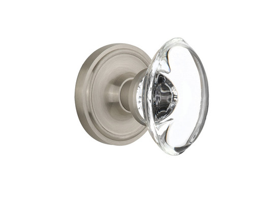 Nostalgic Warehouse - Classic Rosette Privacy Oval Clear Crystal Glass Door Knob in Satin Nickel - CLAOCC - 711613 - 2 3/8" Backset