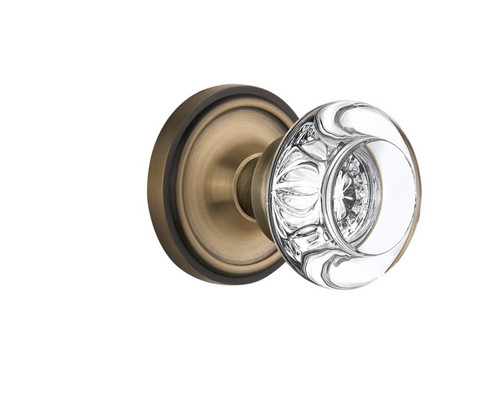 Nostalgic Warehouse - Classic Rosette Passage Round Clear Crystal Glass Door Knob in Antique Brass - CLARCC - 712200 - 2 3/8" Backset