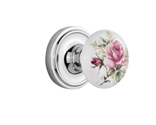 Nostalgic Warehouse - Classic Rosette Passage White Rose Porcelain Door Knob in Bright Chrome - CLAROS - 708472 - 2 3/4" Backset