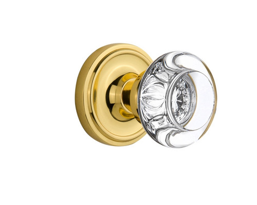 Nostalgic Warehouse - Classic Rosette Interior Mortise Round Clear Crystal Glass Door Knob in Polished Brass - CLARCC - 712588 - 2 1/4" Backset