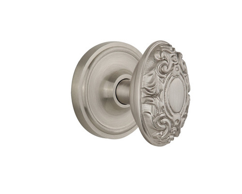 Nostalgic Warehouse - Classic Rosette Privacy Victorian Door Knob in Satin Nickel - CLAVIC - 702037 - 2 3/8" Backset