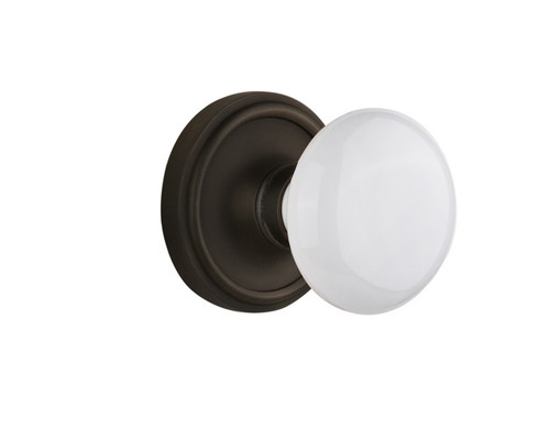 Nostalgic Warehouse - Classic Rosette Passage White Porcelain Door Knob in Oil-Rubbed Bronze - CLAWHI - 704843 - 2 3/8" Backset