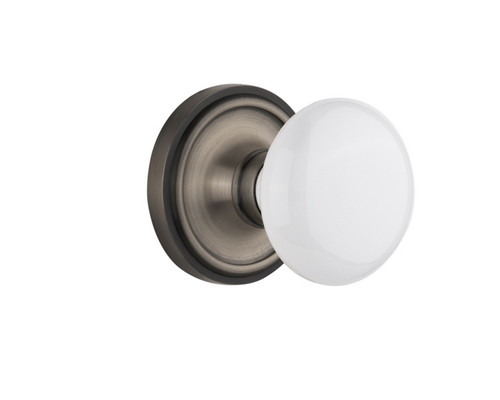 Nostalgic Warehouse - Classic Rosette Passage White Porcelain Door Knob in Antique Pewter - CLAWHI - 704844 - 2 3/8" Backset