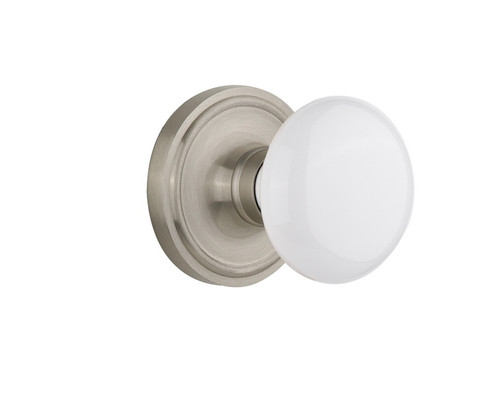 Nostalgic Warehouse - Classic Rosette Privacy White Porcelain Door Knob in Satin Nickel - CLAWHI - 702206 - 2 3/8" Backset