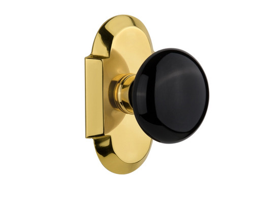 Nostalgic Warehouse - Cottage Plate Privacy Black Porcelain Door Knob in Polished Brass - COTBLK - 714582 - 2 3/4" Backset