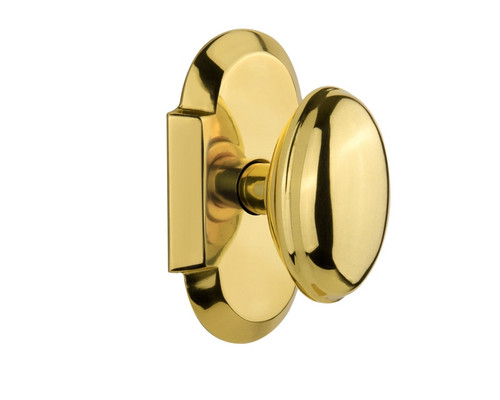 Nostalgic Warehouse - Cottage Plate Privacy Homestead Door Knob in Polished Brass - COTHOM - 712914 - 2 3/8" Backset