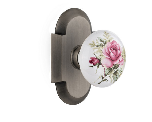 Nostalgic Warehouse - Cottage Plate Passage White Rose Porcelain Door Knob in Antique Pewter - COTROS - 712856 - 2 3/8" Backset