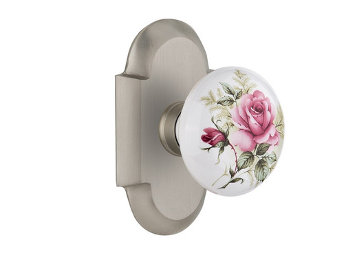 Nostalgic Warehouse - Cottage Plate Passage White Rose Porcelain Door Knob in Satin Nickel - COTROS - 708605 - 2 3/4" Backset