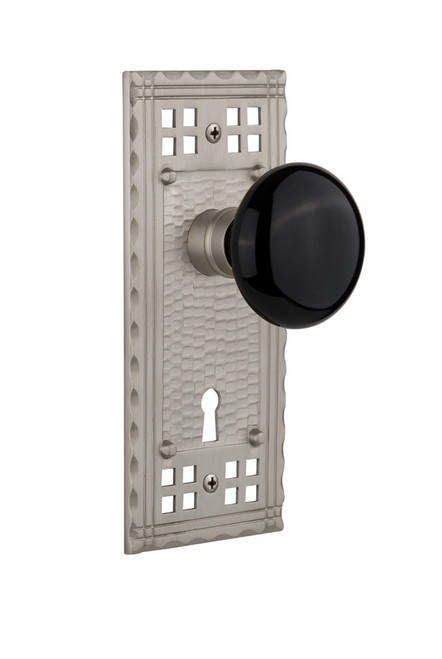 Nostalgic Warehouse - Craftsman Plate with Keyhole Passage Black Porcelain Door Knob in Satin Nickel - CRABLK - 715329 - 2 3/8" Backset
