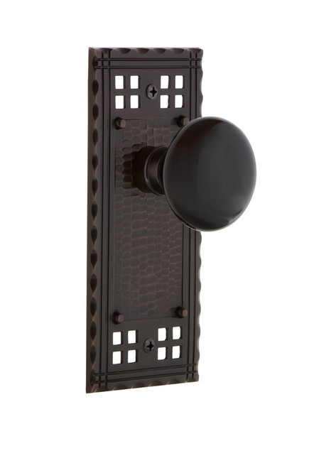 Nostalgic Warehouse - Craftsman Plate Privacy Black Porcelain Door Knob in Timeless Bronze - CRABLK - 701789 - 2 3/8" Backset