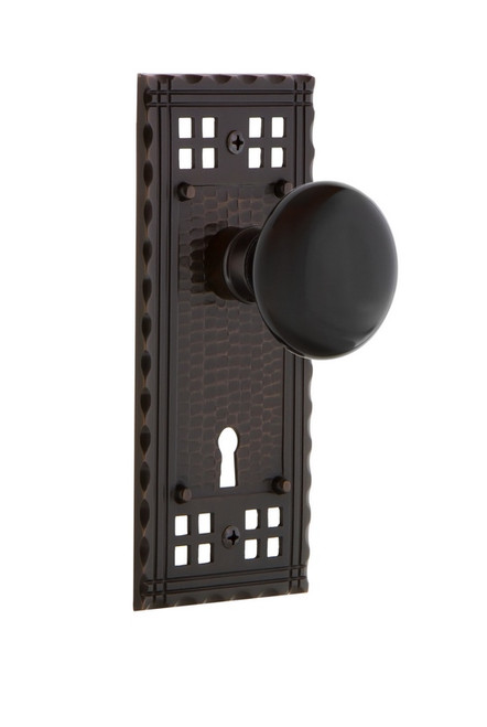 Nostalgic Warehouse - Craftsman Plate with Keyhole Privacy Black Porcelain Door Knob in Timeless Bronze - CRABLK - 702992 - 2 3/8" Backset