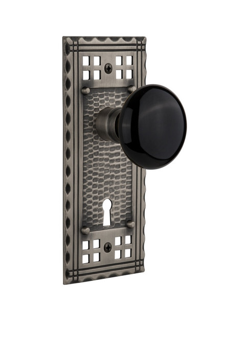 Nostalgic Warehouse - Craftsman Plate Interior Mortise Black Porcelain Door Knob in Antique Pewter - CRABLK - 715775 - 2 1/4" Backset