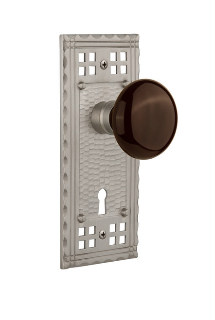 Nostalgic Warehouse - Craftsman Plate with Keyhole Privacy Brown Porcelain Door Knob in Satin Nickel - CRABRN - 717983 - 2 3/4" Backset