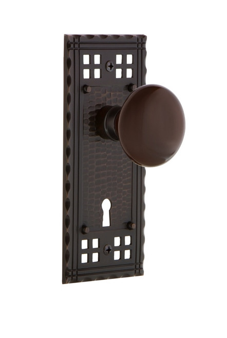 Nostalgic Warehouse - Craftsman Plate with Keyhole Single Dummy Brown Porcelain Door Knob in Timeless Bronze - CRABRN - 700642