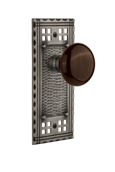 Nostalgic Warehouse - Craftsman Plate Double Dummy Brown Porcelain Door Knob in Antique Pewter - CRABRN - 715523