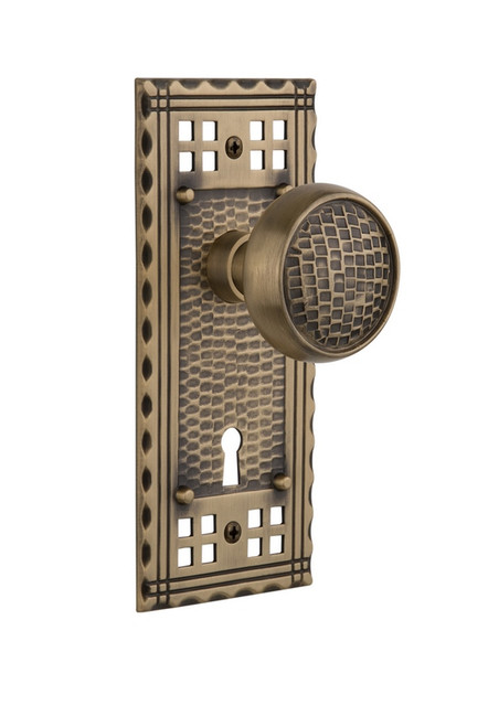 Nostalgic Warehouse - Craftsman Plate with Keyhole Privacy Craftsman Door Knob in Antique Brass - CRACRA - 715734 - 2 3/8" Backset