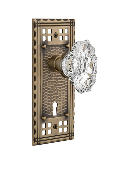 Nostalgic Warehouse - Craftsman Plate Interior Mortise Chateau Door Knob in Antique Brass - CRACHA - 714061 - 2 1/4" Backset