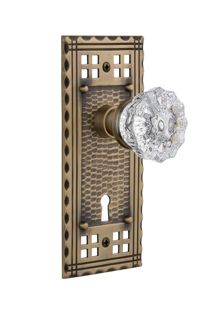 Nostalgic Warehouse - Craftsman Plate with Keyhole Passage Crystal Glass Door Knob in Antique Brass - CRACRY - 710051 - 2 3/4" Backset
