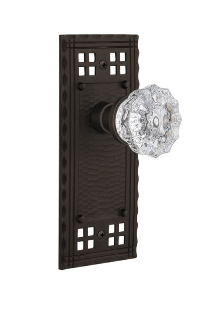 Nostalgic Warehouse - Craftsman Plate Privacy Crystal Glass Door Knob in Oil-Rubbed Bronze - CRACRY - 715616 - 2 3/8" Backset