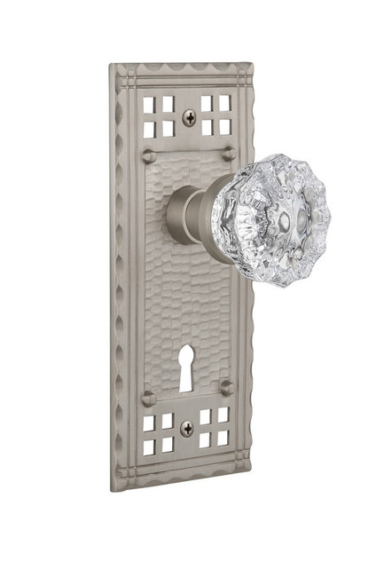 Nostalgic Warehouse - Craftsman Plate with Keyhole Double Dummy Crystal Glass Door Knob in Satin Nickel - CRACRY - 715553