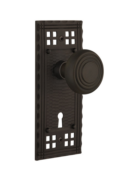 Nostalgic Warehouse - Craftsman Plate with Keyhole Passage Deco Door Knob in Oil-Rubbed Bronze - CRADEC - 710060 - 2 3/4" Backset