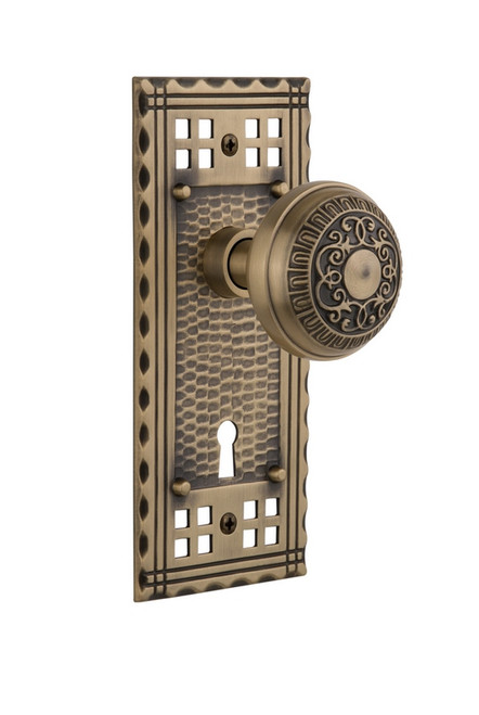 Nostalgic Warehouse - Craftsman Plate with Keyhole Single Dummy Egg & Dart Door Knob in Antique Brass - CRAEAD - 715426