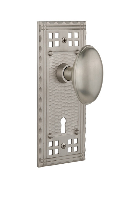 Nostalgic Warehouse - Craftsman Plate with Keyhole Privacy Homestead Door Knob in Satin Nickel - CRAHOM - 718013 - 2 3/4" Backset