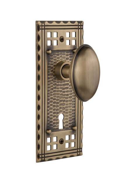Nostalgic Warehouse - Craftsman Plate with Keyhole Double Dummy Homestead Door Knob in Antique Brass - CRAHOM - 715558