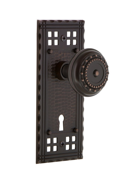 Nostalgic Warehouse - Craftsman Plate with Keyhole Privacy Meadows Door Knob in Timeless Bronze - CRAMEA - 702999 - 2 3/8" Backset