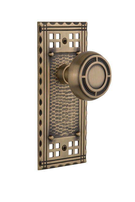 Nostalgic Warehouse - Craftsman Plate Privacy Mission Door Knob in Antique Brass - CRAMIS - 714749 - 2 3/4" Backset