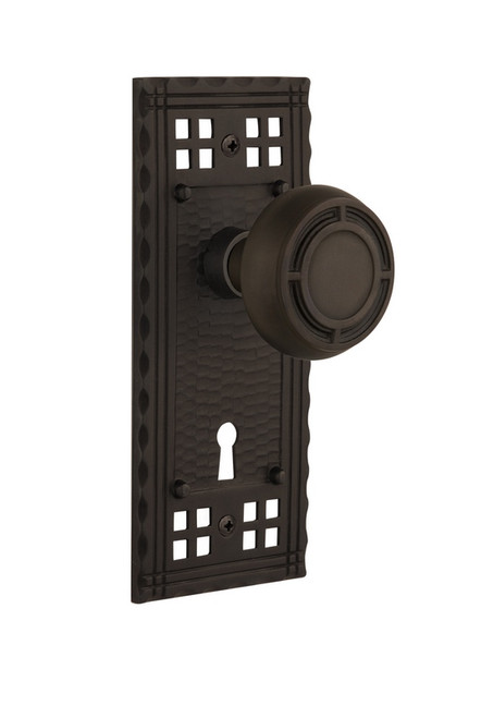 Nostalgic Warehouse - Craftsman Plate with Keyhole Privacy Mission Door Knob in Oil-Rubbed Bronze - CRAMIS - 715740 - 2 3/8" Backset