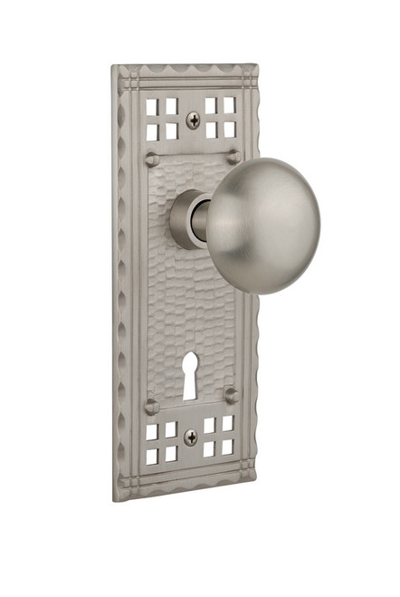 Nostalgic Warehouse - Craftsman Plate with Keyhole Passage New York Door Knob in Satin Nickel - CRANYK - 710145 - 2 3/4" Backset