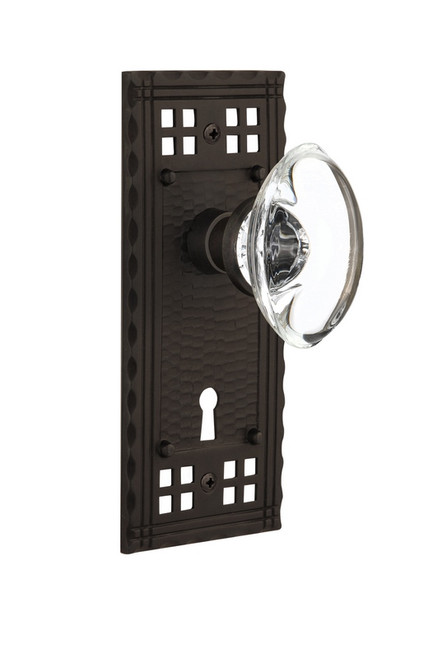 Nostalgic Warehouse - Craftsman Plate with Keyhole Privacy Oval Clear Crystal Glass Door Knob in Oil-Rubbed Bronze - CRAOCC - 715720 - 2 3/8" Backset
