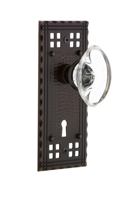 Nostalgic Warehouse - Craftsman Plate with Keyhole Single Dummy Oval Clear Crystal Glass Door Knob in Timeless Bronze - CRAOCC - 700651