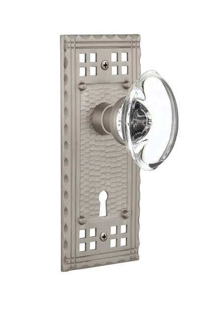 Nostalgic Warehouse - Craftsman Plate with Keyhole Double Dummy Oval Clear Crystal Glass Door Knob in Satin Nickel - CRAOCC - 715593