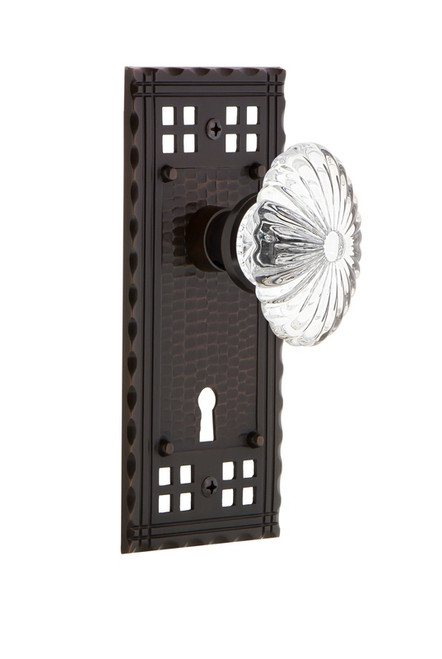 Nostalgic Warehouse - Craftsman Plate with Keyhole Passage Oval Fluted Crystal Glass Door Knob in Timeless Bronze - CRAOFC - 710163 - 2 3/4" Backset