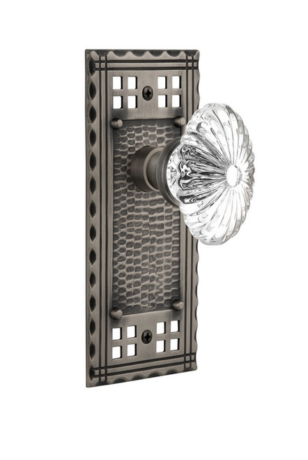 Nostalgic Warehouse - Craftsman Plate Privacy Oval Fluted Crystal Glass Door Knob in Antique Pewter - CRAOFC - 715659 - 2 3/8" Backset