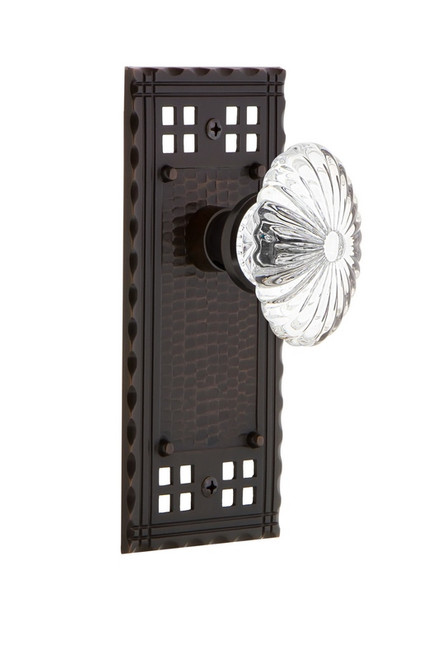 Nostalgic Warehouse - Craftsman Plate Privacy Oval Fluted Crystal Glass Door Knob in Timeless Bronze - CRAOFC - 714768 - 2 3/4" Backset