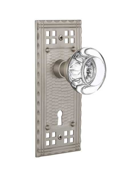 Nostalgic Warehouse - Craftsman Plate with Keyhole Passage Round Clear Crystal Glass Door Knob in Satin Nickel - CRARCC - 715349 - 2 3/8" Backset